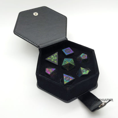 Black Frosted Obsidian with Rainbow Slick Design Dice Set. Real Gemstone 7 Piece TTRPG Dice