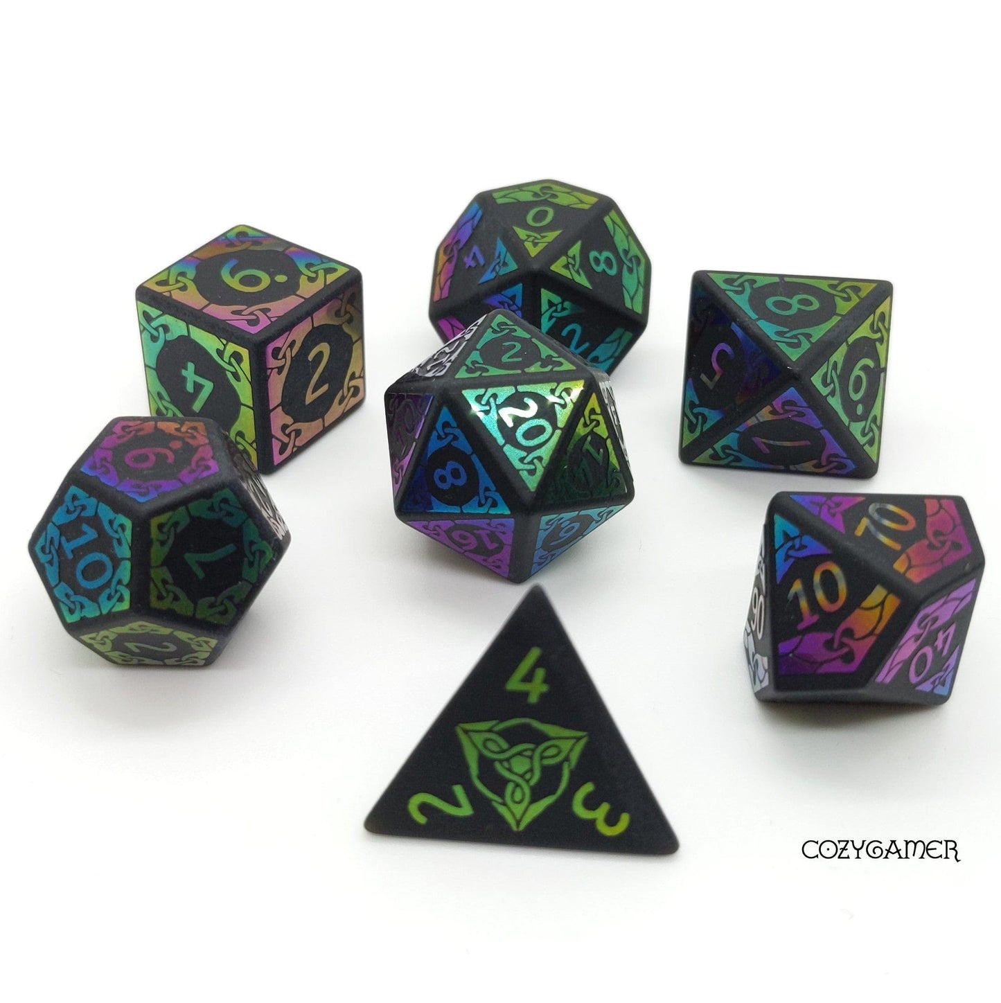 Black Frosted Obsidian with Rainbow Slick Design Dice Set. Real Gemstone 7 Piece TTRPG Dice