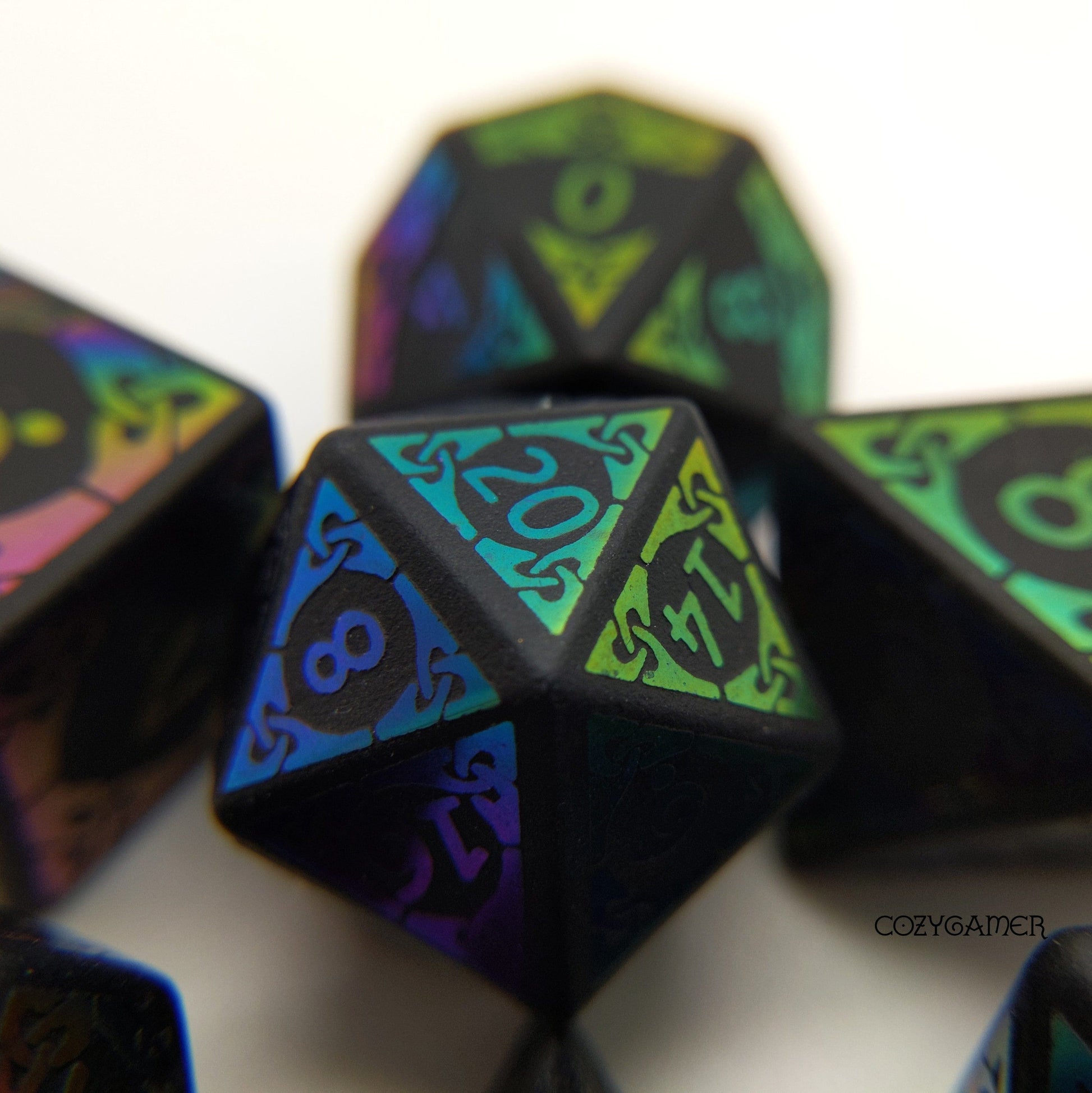 Black Frosted Obsidian with Rainbow Slick Design Dice Set. Real Gemstone 7 Piece TTRPG Dice
