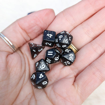 Black Glitter Mini Dice Set. 7 Piece Polyhedral DND Dice - Fennek and Finch