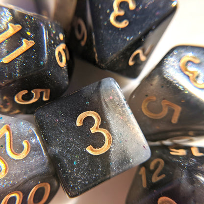 Black Nebula DnD Dice Set, Black and White Micro Shimmer - blend of white and pearly colors, making each set one-of-a-kind. The pearlescent effect 