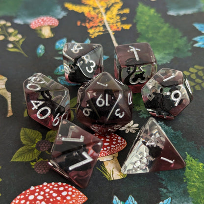 Black Swan DnD Dice Set – 7 - Piece Purple Resin Swan Inclusion Dice - Fennek and Finch