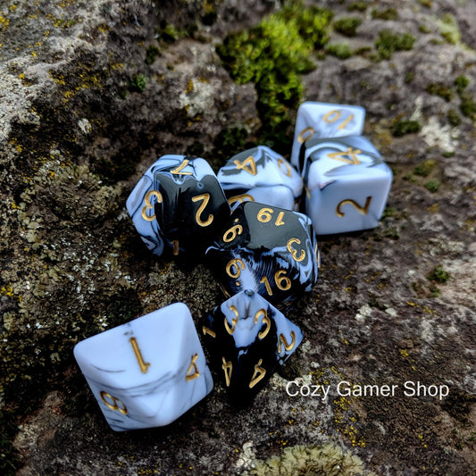Black & White Marble Dice Set – Marbled Acrylic with Gold Font - Fennek and Finch