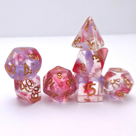 Bleeding Heart Dice Set – 7 - Piece Translucent Purple Pink Ink Swirls Resin DnD - Fennek and Finch