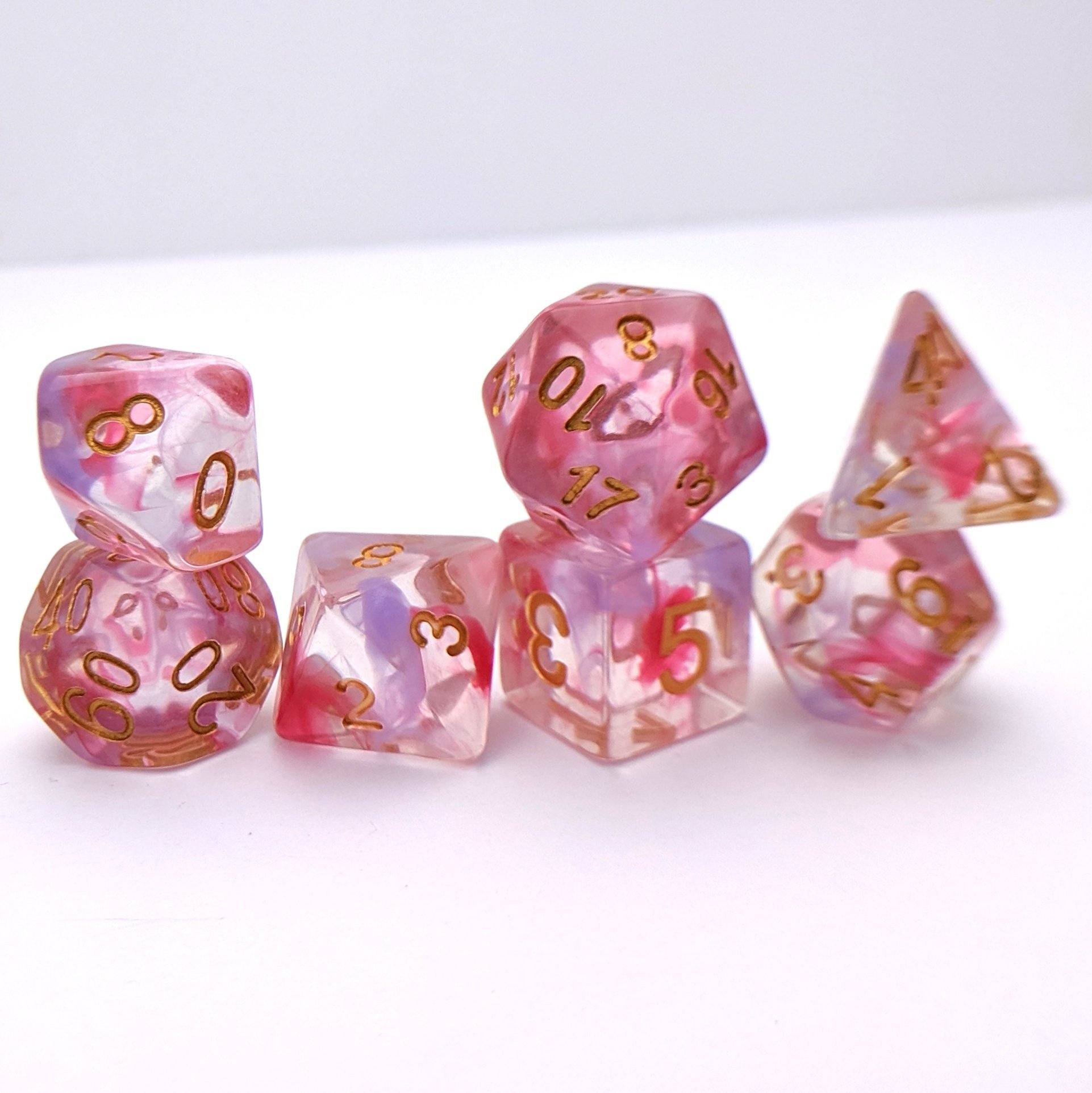 Bleeding Heart Dice Set – 7-Piece Translucent Purple Pink Ink Swirls Resin DnD Dice sets Fennek and Finch