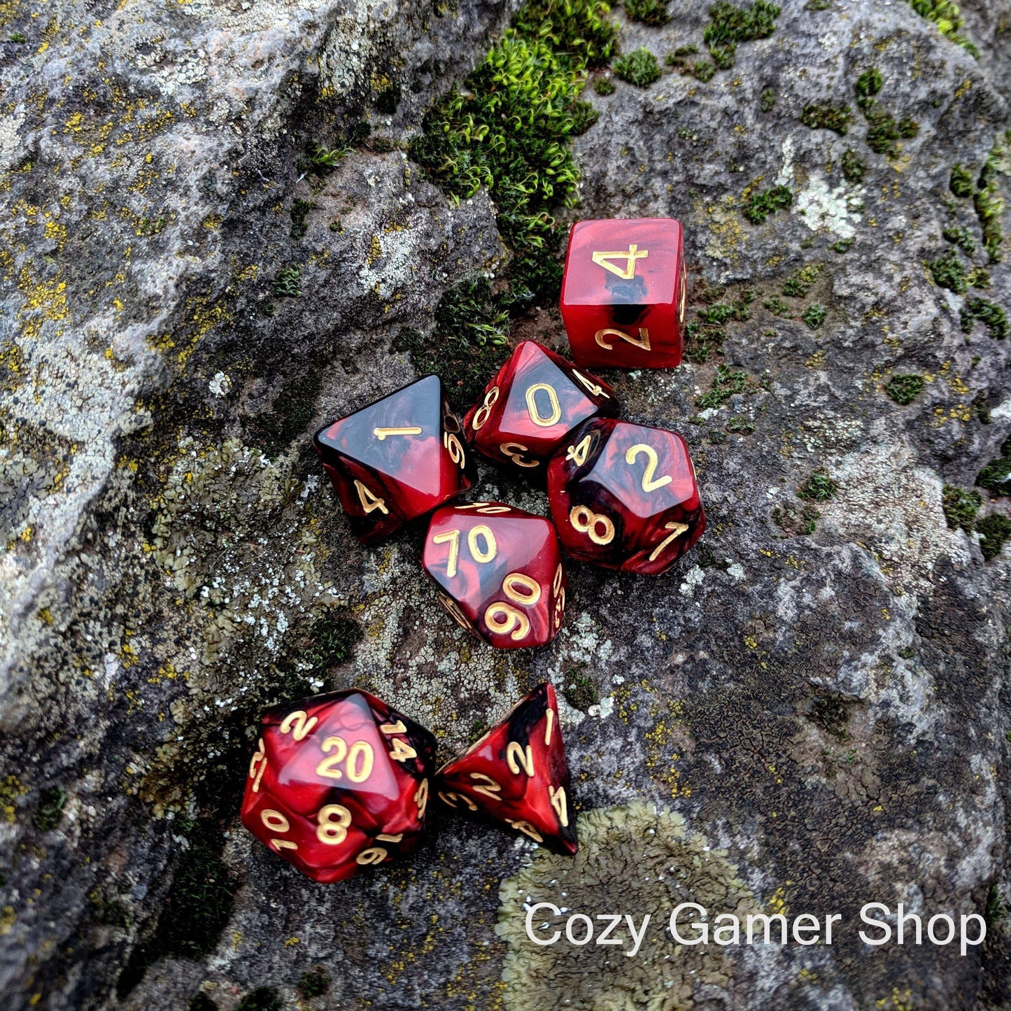 Blood Dice Set, Red and Black Marbled 7 Piece D&D Dice Set - CozyGamer