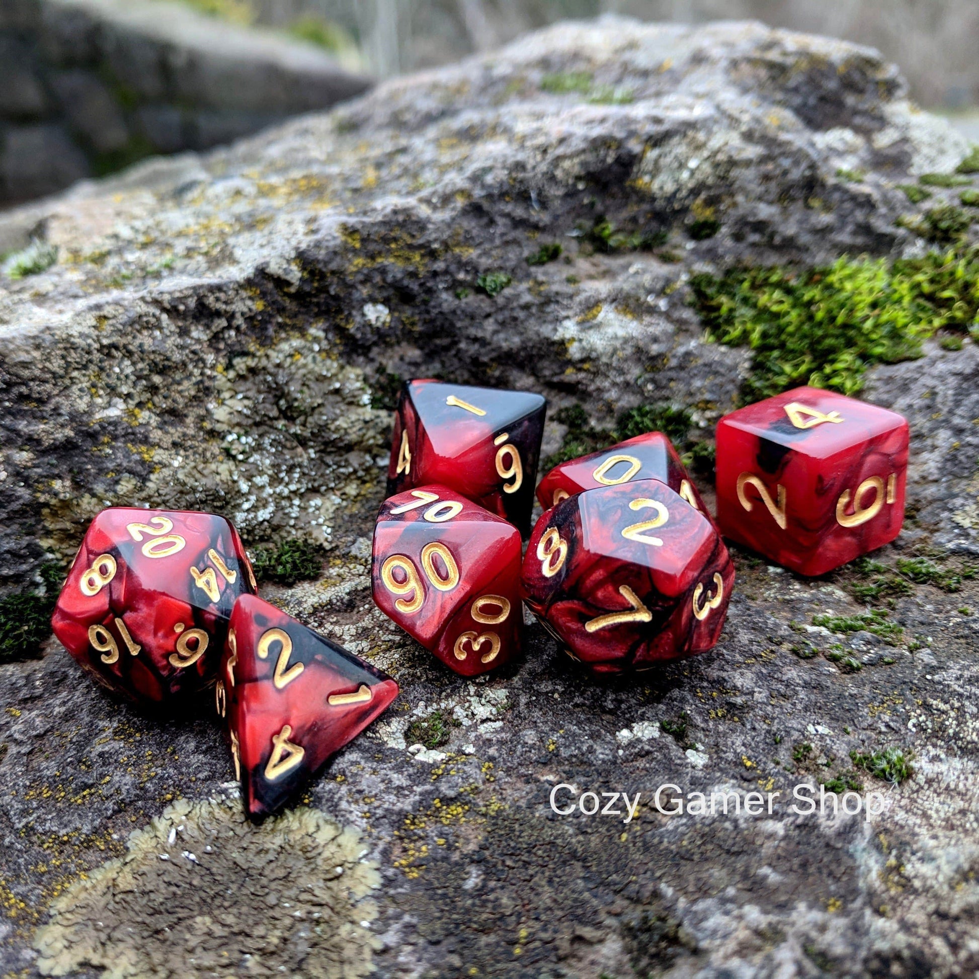 Blood Dice Set, Red and Black Marbled 7 Piece D&D Dice Set - CozyGamer