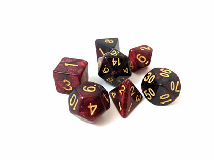 Blood Ruby Dice Set – 7-Piece Semi-Transparent Black Red Glitter Acrylic DnD Dice sets Fennek and Finch