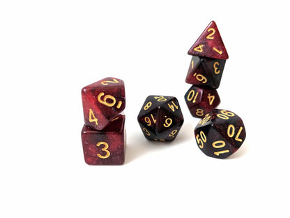 Blood Ruby Dice Set – 7-Piece Semi-Transparent Black Red Glitter Acrylic DnD Dice sets Fennek and Finch