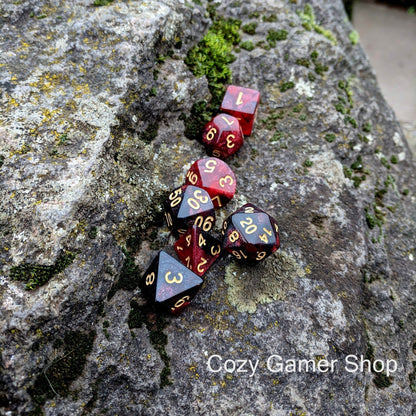 Blood Ruby Dice Set – 7-Piece Semi-Transparent Black Red Glitter Acrylic DnD Dice sets Fennek and Finch