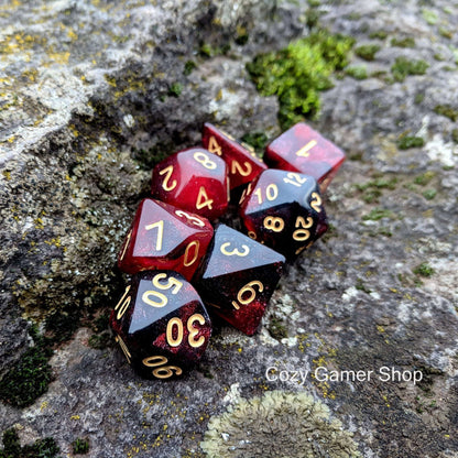 Blood Ruby Dice Set – 7-Piece Semi-Transparent Black Red Glitter Acrylic DnD Dice sets Fennek and Finch