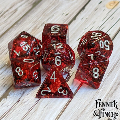 Blood Skies Dice Set. 7 Piece Dark Forest Themed Dice Set with Tiny Bats