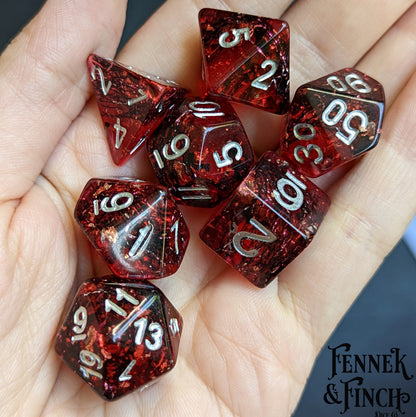 Blood Skies Dice Set. 7 Piece Dark Forest Themed Dice Set with Tiny Bats