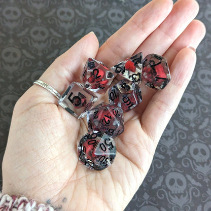 Blood Skull Dice Set – 7 - Piece Dark Red Skull Clear Resin DnD Dice - Fennek and Finch