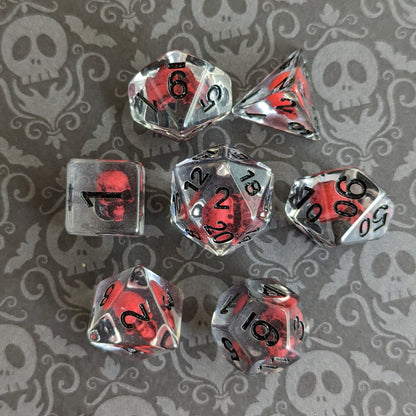 Blood Skull Dice Set – 7 - Piece Dark Red Skull Clear Resin DnD Dice - Fennek and Finch