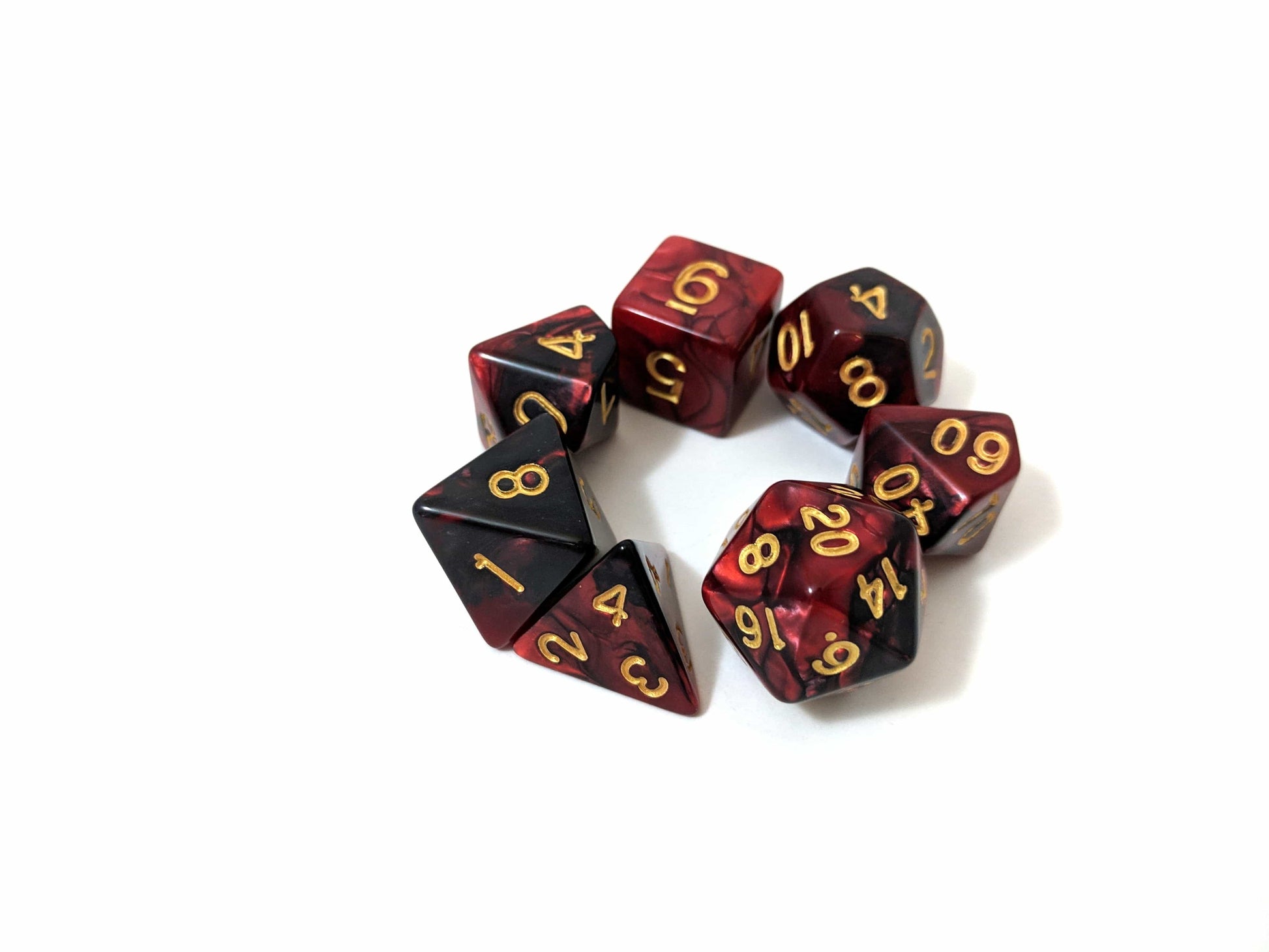 Blood Witch Dice Set, Red and Black Marbled 7 Piece D&D Dice Set - CozyGamer