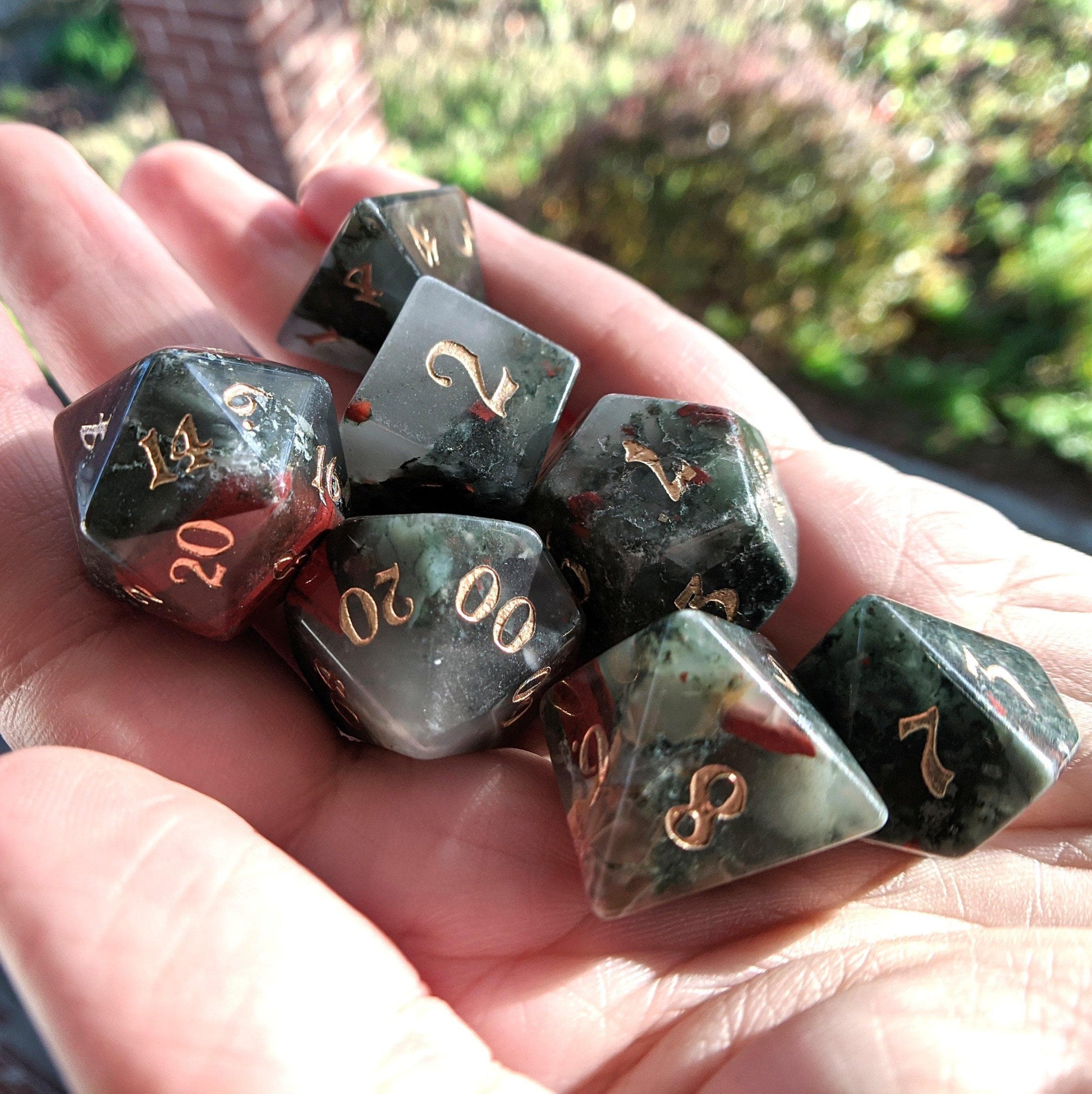 Bloodstone Dice Set. Real Gemstone 7 Piece TTRPG Dice - CozyGamer