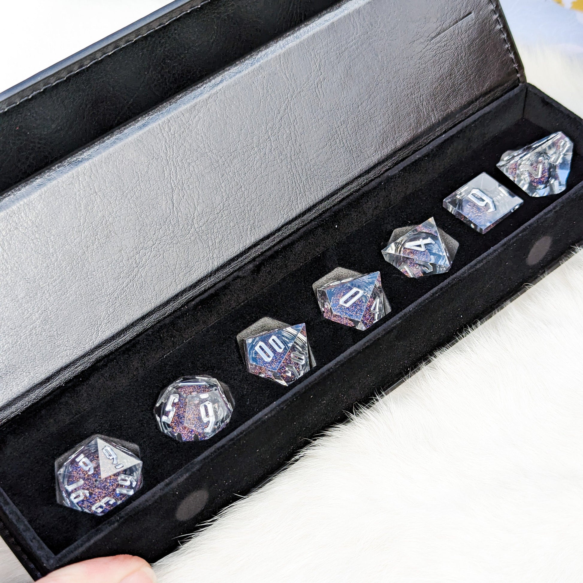 Blue and Gold Clear Liquid Core Sharp Edge Resin DnD Dice Set