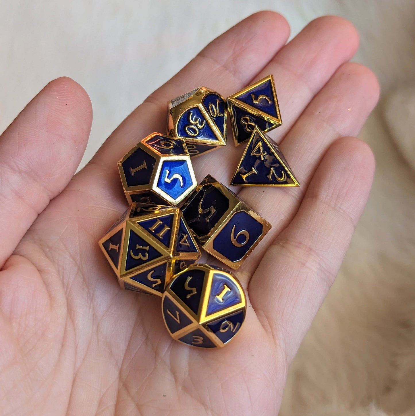 Blue and Gold Metal DND Dice Set