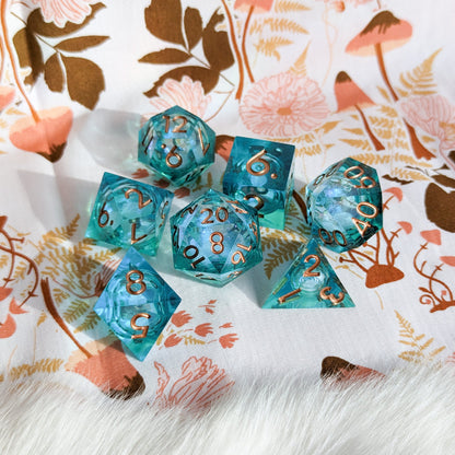 Blue and Green Liquid Core Sharp Edge Resin DnD Dice Set