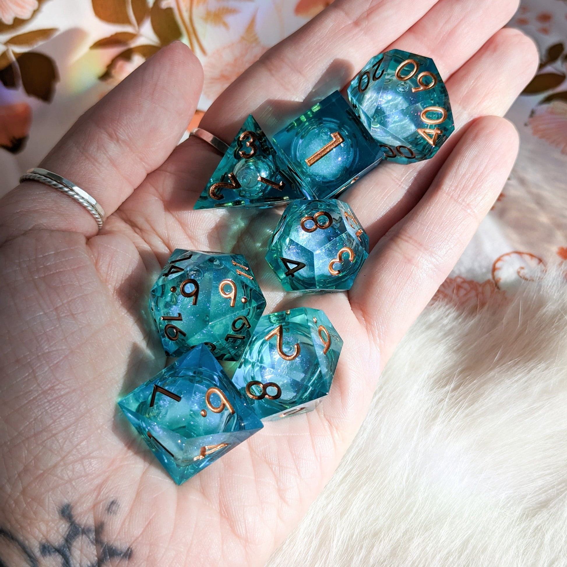 Blue and Green Liquid Core Sharp Edge Resin DnD Dice Set