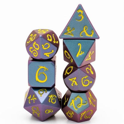 Blue and Purple Dragon Metal Dice Set with Yellow Font - CozyGamer