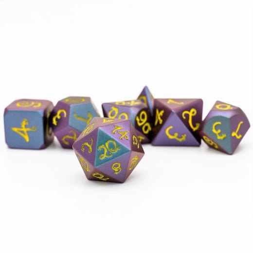 Blue and Purple Dragon Metal Dice Set with Yellow Font - CozyGamer