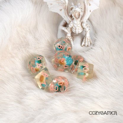 Blue and White Dried Flowers Dice Set with Salmon Font