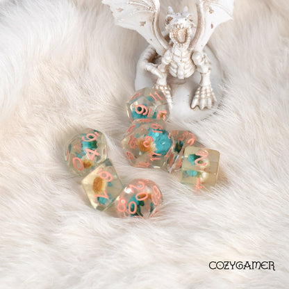 Blue and White Dried Flowers Dice Set with Salmon Font Dice Sets & Games Fennek and Finch