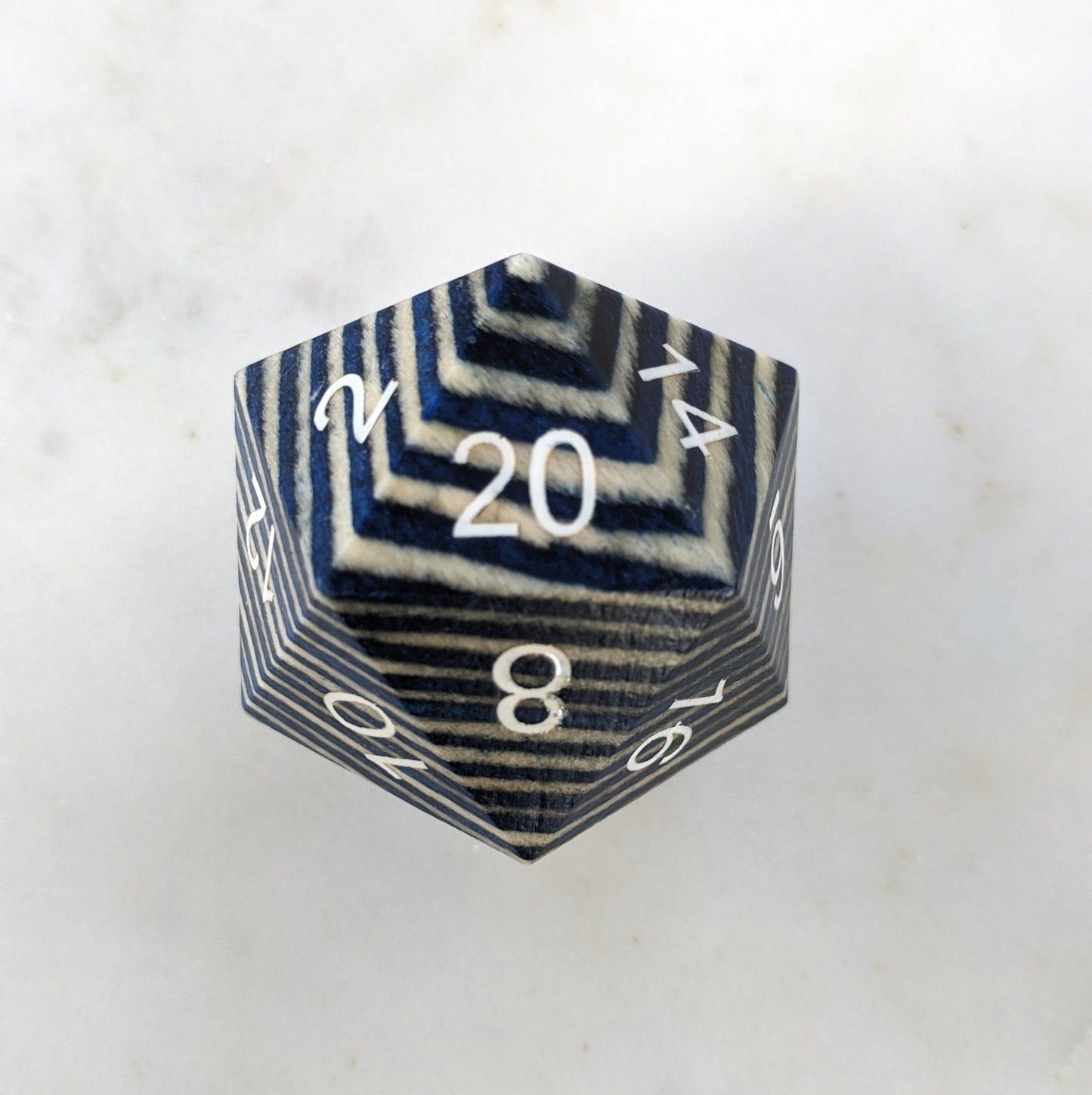 Blue and White Stripe Large Wood D20 - CozyGamer
