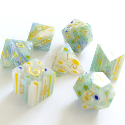 Blue and Yellow Flower Glass Dice Set. Semi Precious Gemstone 7 Piece TTRPG Dice - CozyGamer