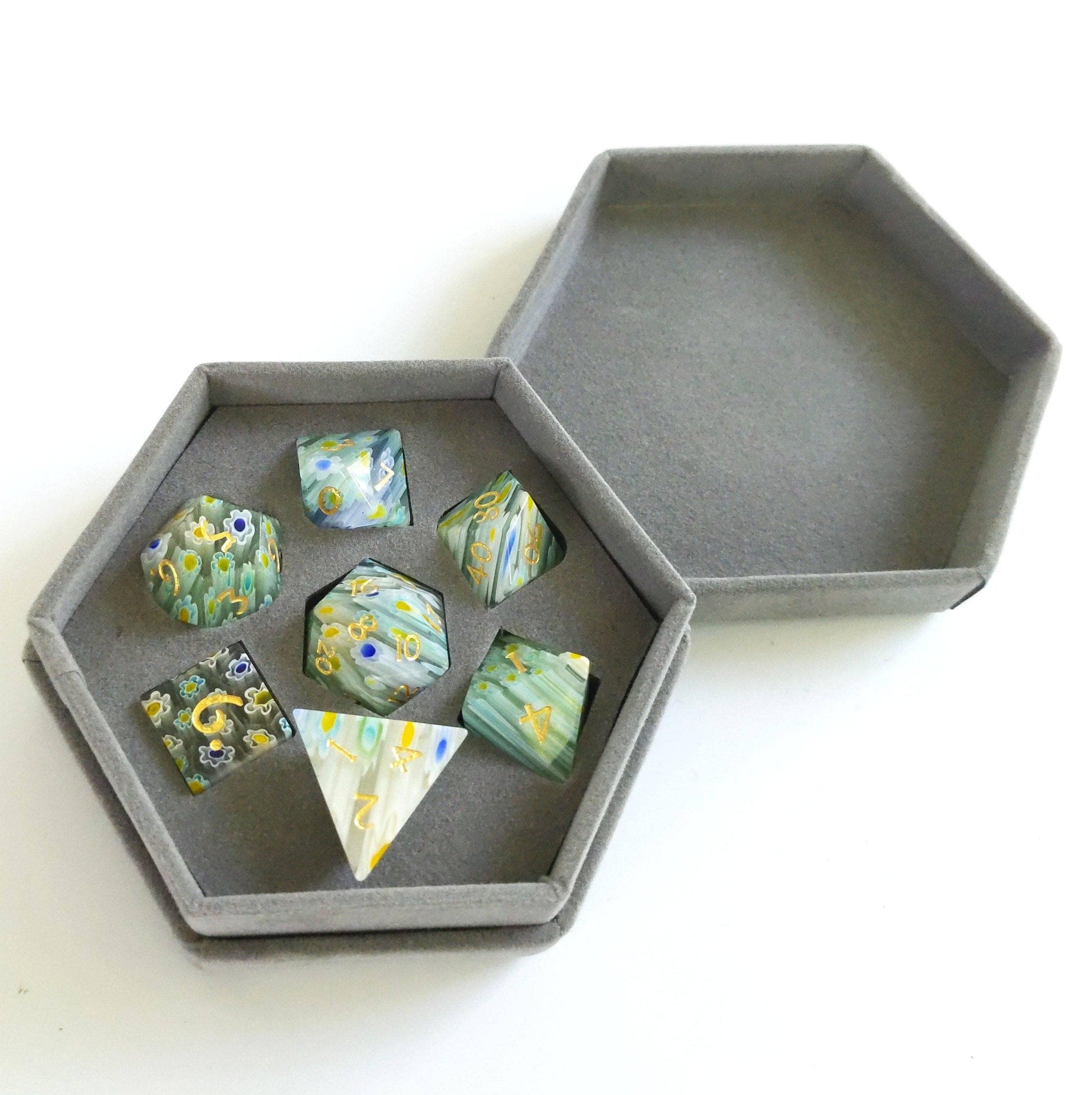 Blue and Yellow Flower Glass Dice Set. Semi Precious Gemstone 7 Piece TTRPG Dice - CozyGamer
