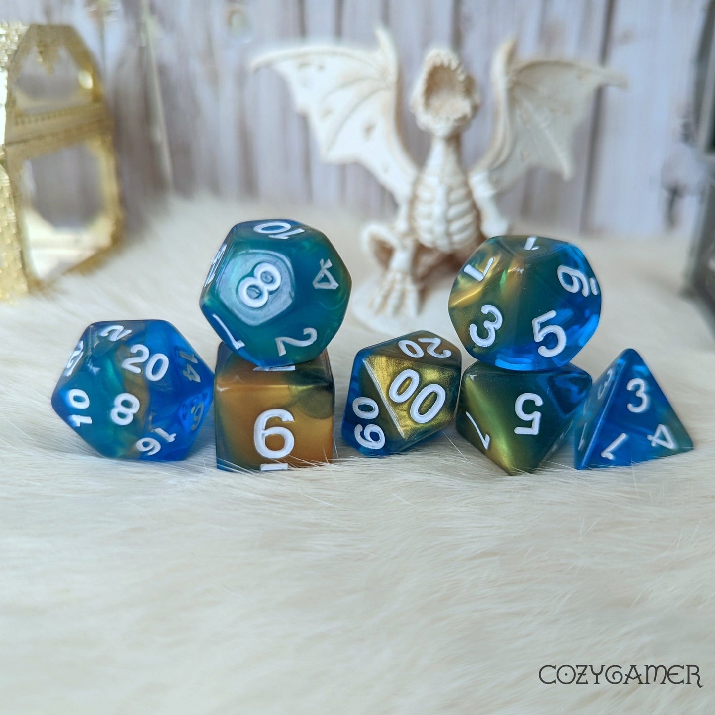 Blue Beaches Marbled Dice Set – 7 - Piece Blue Gold Acrylic DnD Dice - Fennek and Finch