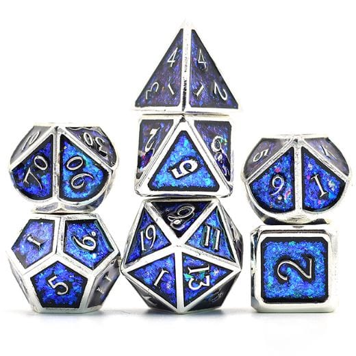 Blue Color Shifting Glitter Metal Dice Set with Silver Trim