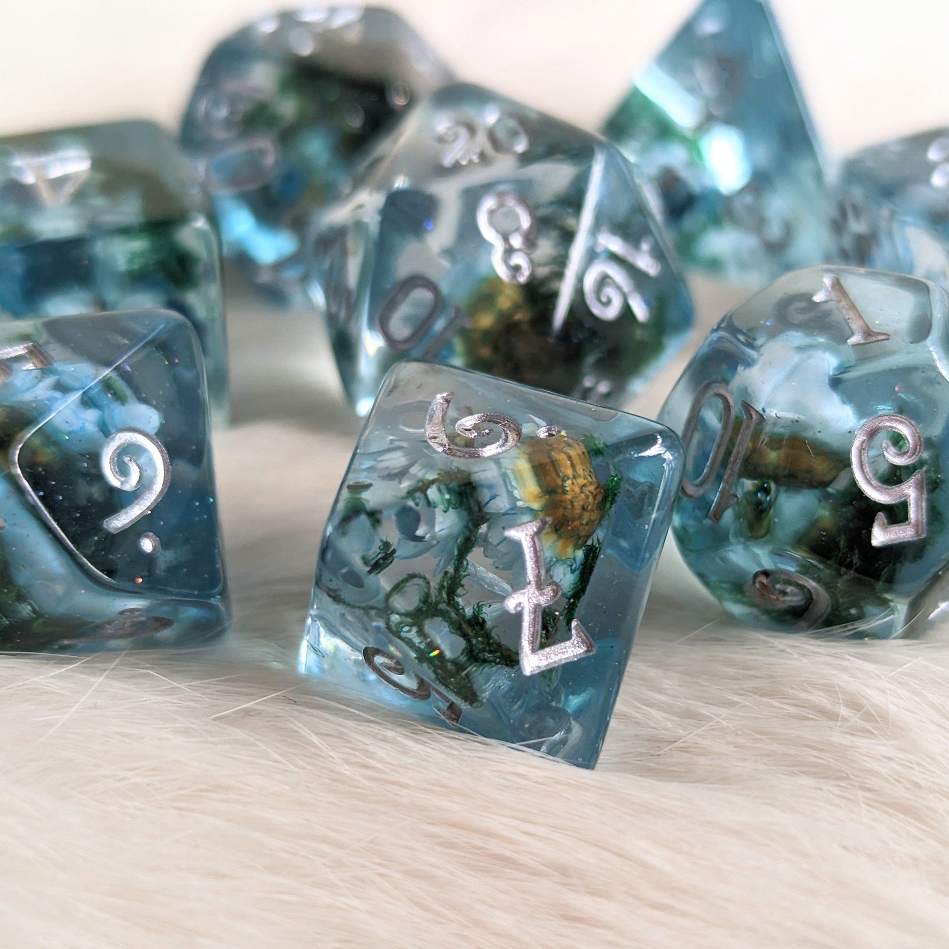 Blue Flower and Moss 8 piece DND dice set