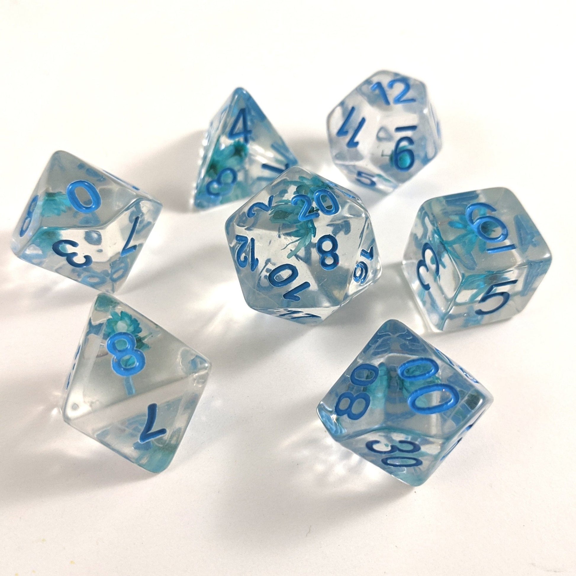 Blue Flower Dice Set – 7 - Piece Real Dried Flowers Botanical DnD Dice - Fennek and Finch