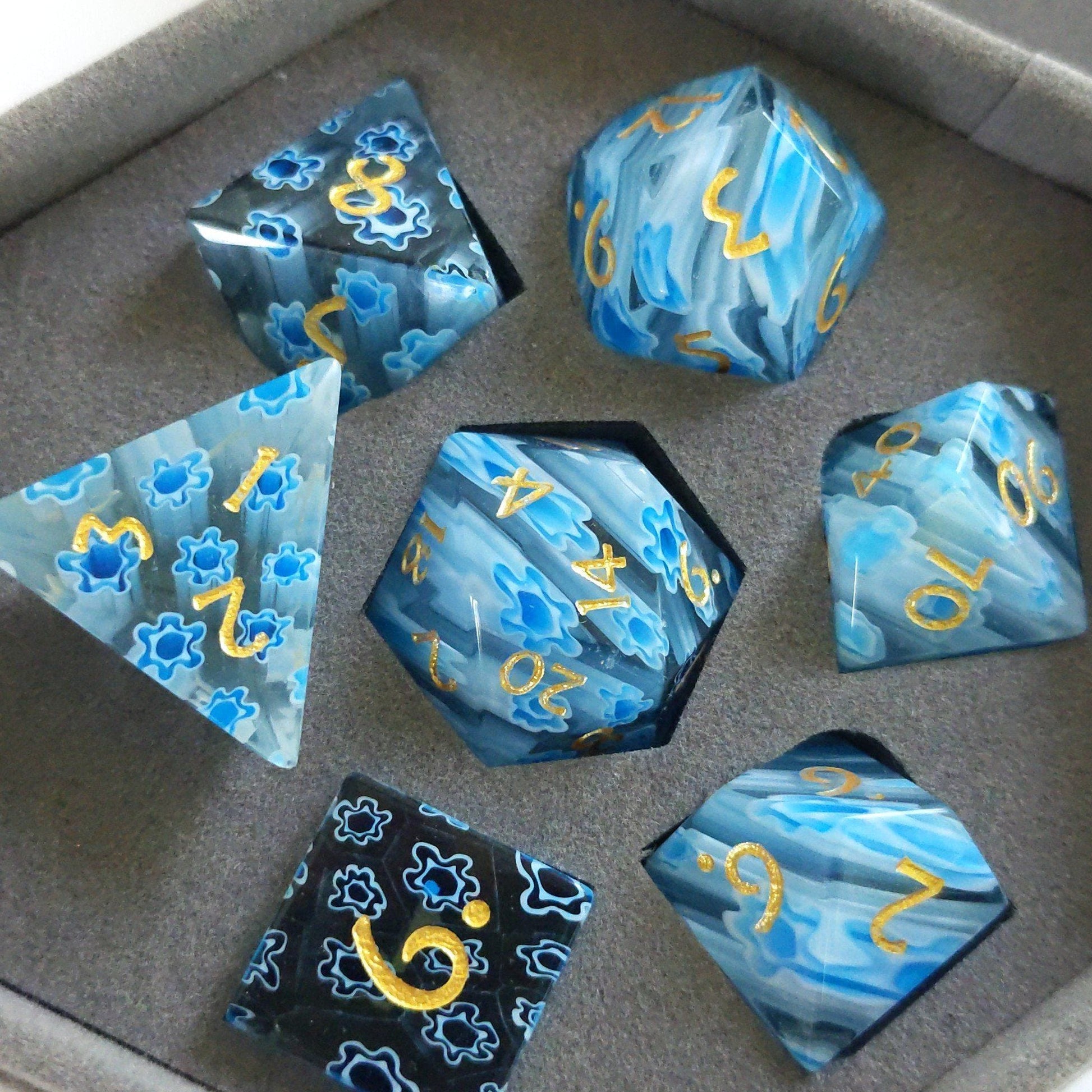 Blue Flower Glass Dice Set. Semi Precious Gemstone 7 Piece TTRPG Dice - CozyGamer