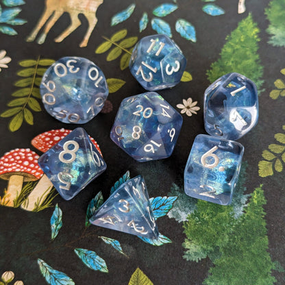 Blue Frost Dice Set – 7 - Piece Iridescent Glitter Ice DnD Dice - Fennek and Finch
