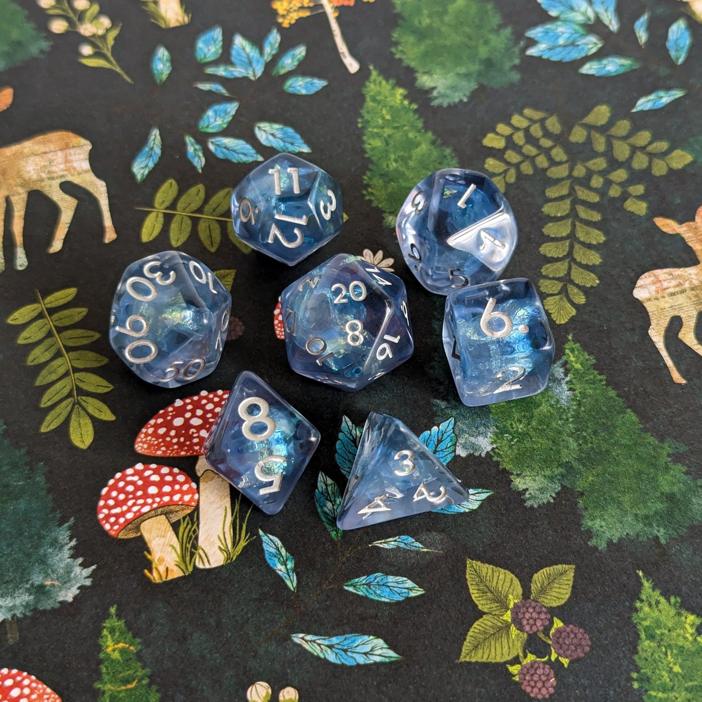 Blue Frost Dice Set – 7 - Piece Iridescent Glitter Ice DnD Dice - Fennek and Finch