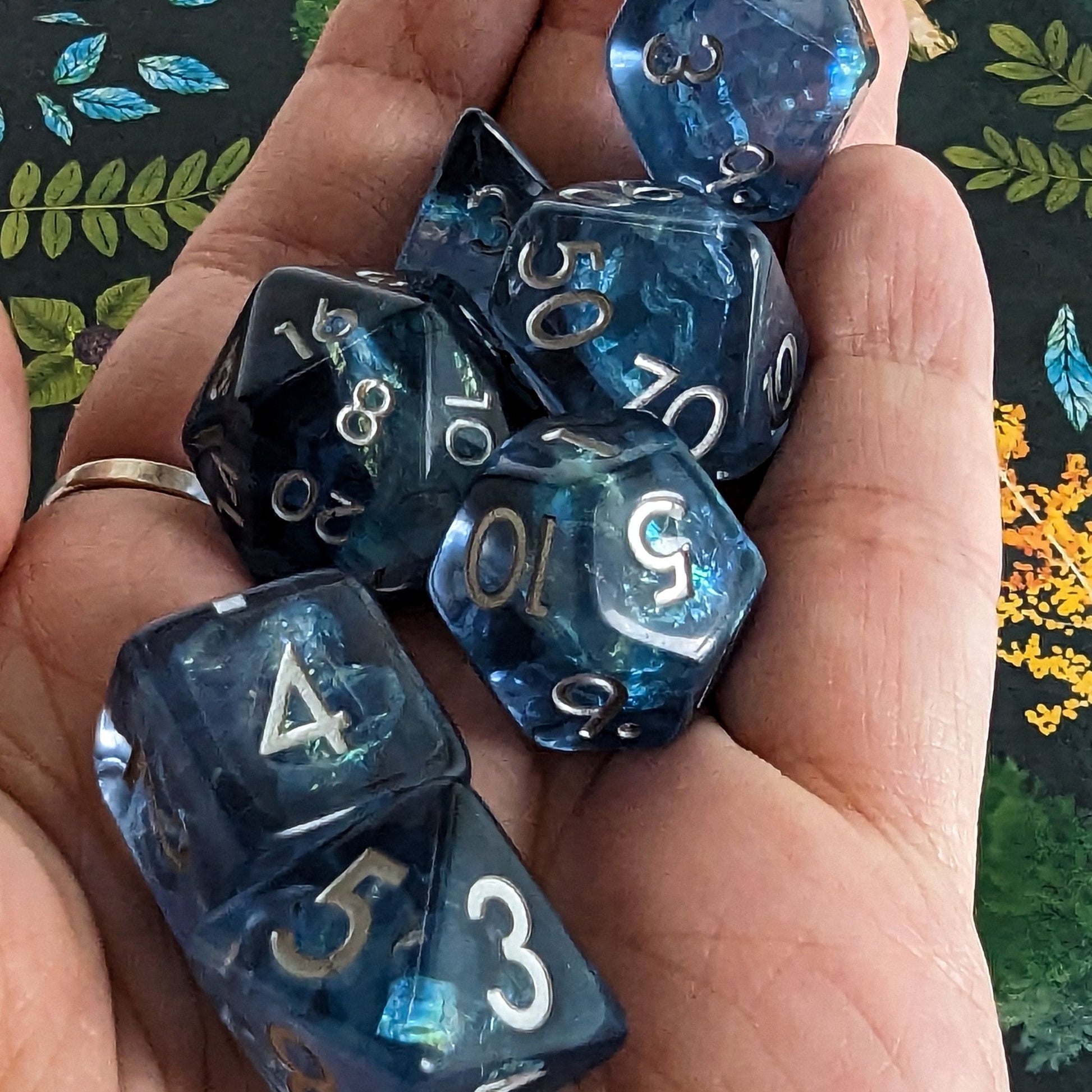 Blue Frost Dice Set – 7 - Piece Iridescent Glitter Ice DnD Dice - Fennek and Finch