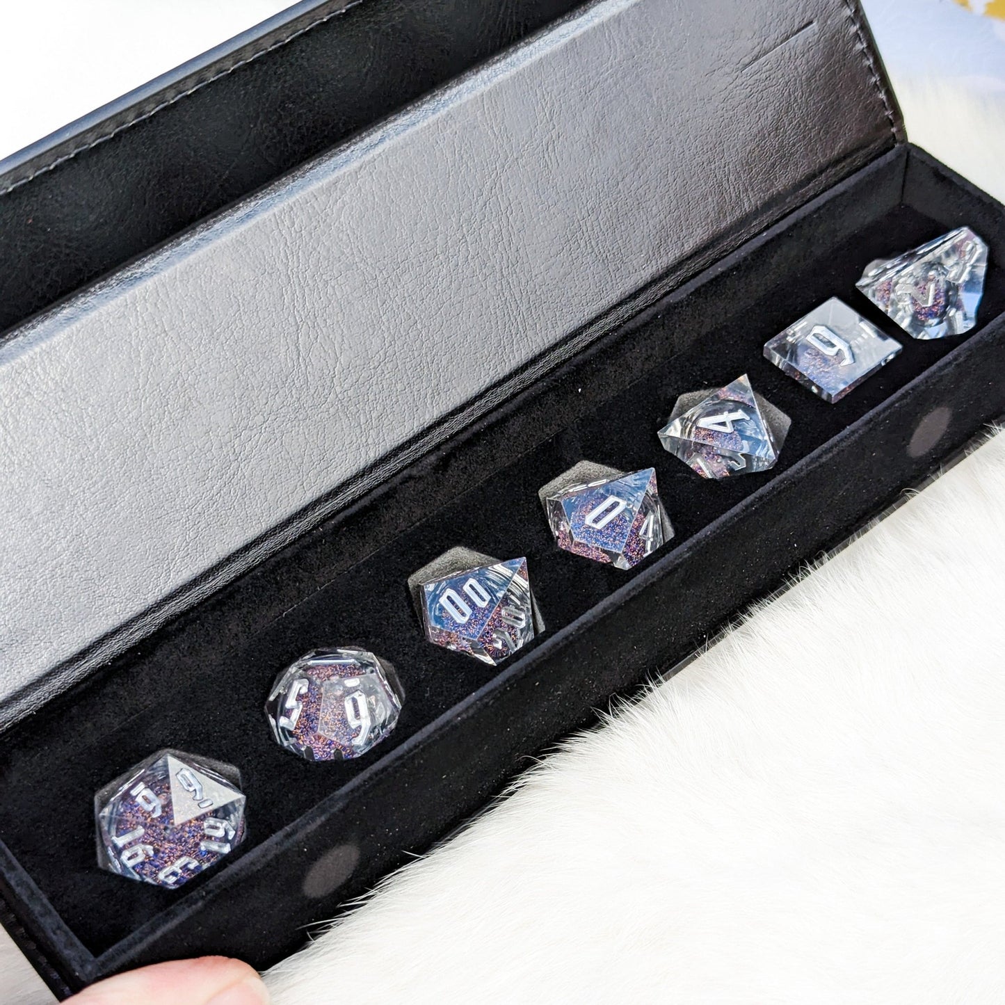 Blue Gold Liquid Core Sharp Edge Dice Set – 7 - Piece Clear Glitter DnD Dice - Fennek and Finch