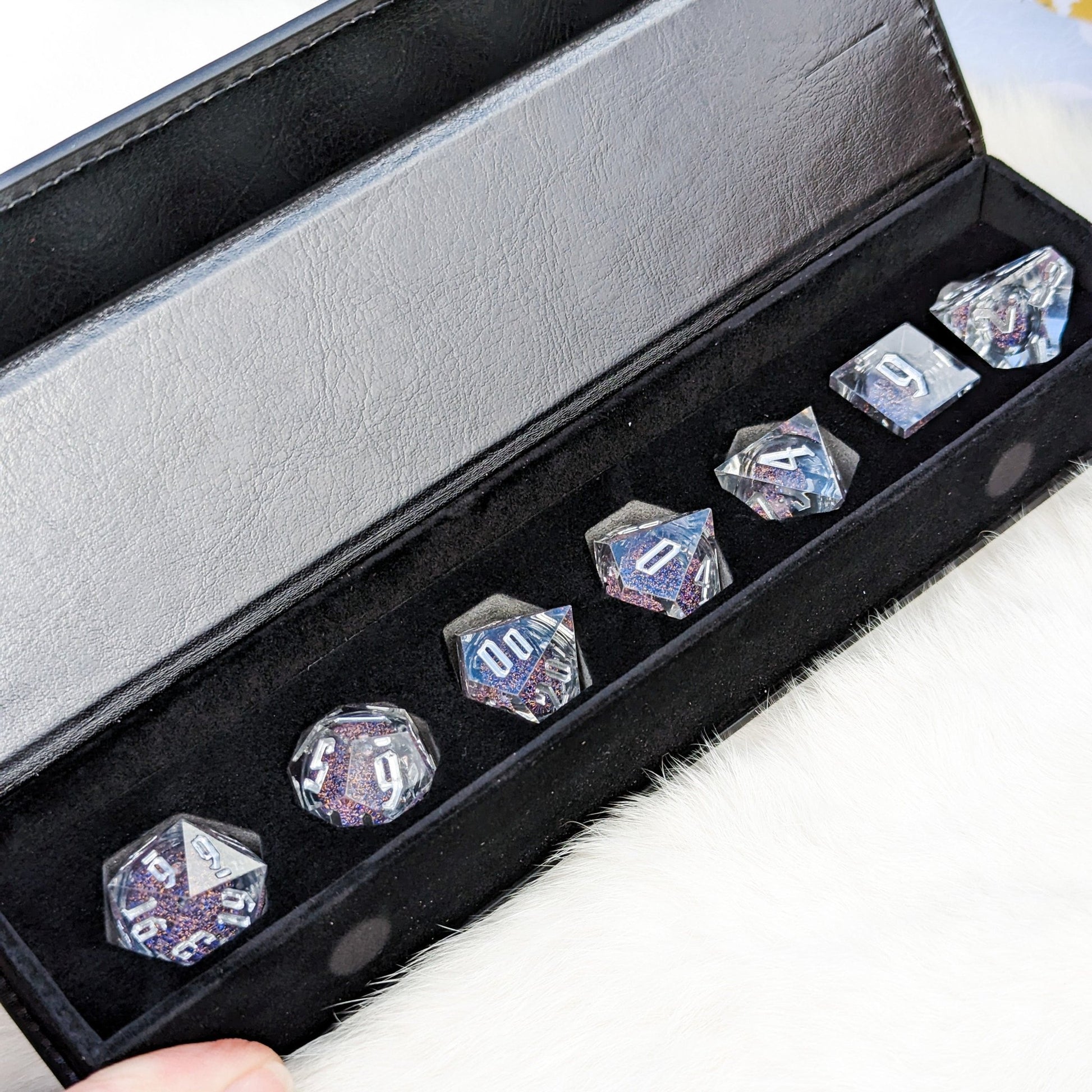 Blue Gold Liquid Core Sharp Edge Dice Set – 7 - Piece Clear Glitter DnD Dice - Fennek and Finch