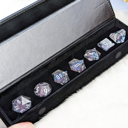 Blue Gold Liquid Core Sharp Edge Dice Set – 7 - Piece Clear Glitter DnD Dice - Fennek and Finch