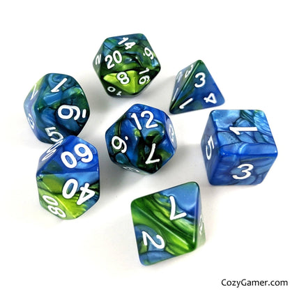 Blue Planet Dice Set – 7 - Piece Pearly Blue Green DnD Dice White Numbers - Fennek and Finch