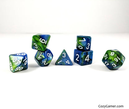 Blue Planet Dice Set – 7 - Piece Pearly Blue Green DnD Dice White Numbers - Fennek and Finch