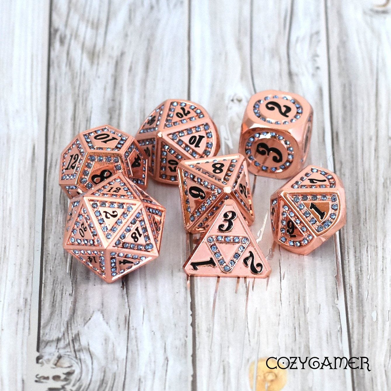 Blue Rhinestone Copper Metal Dice Set