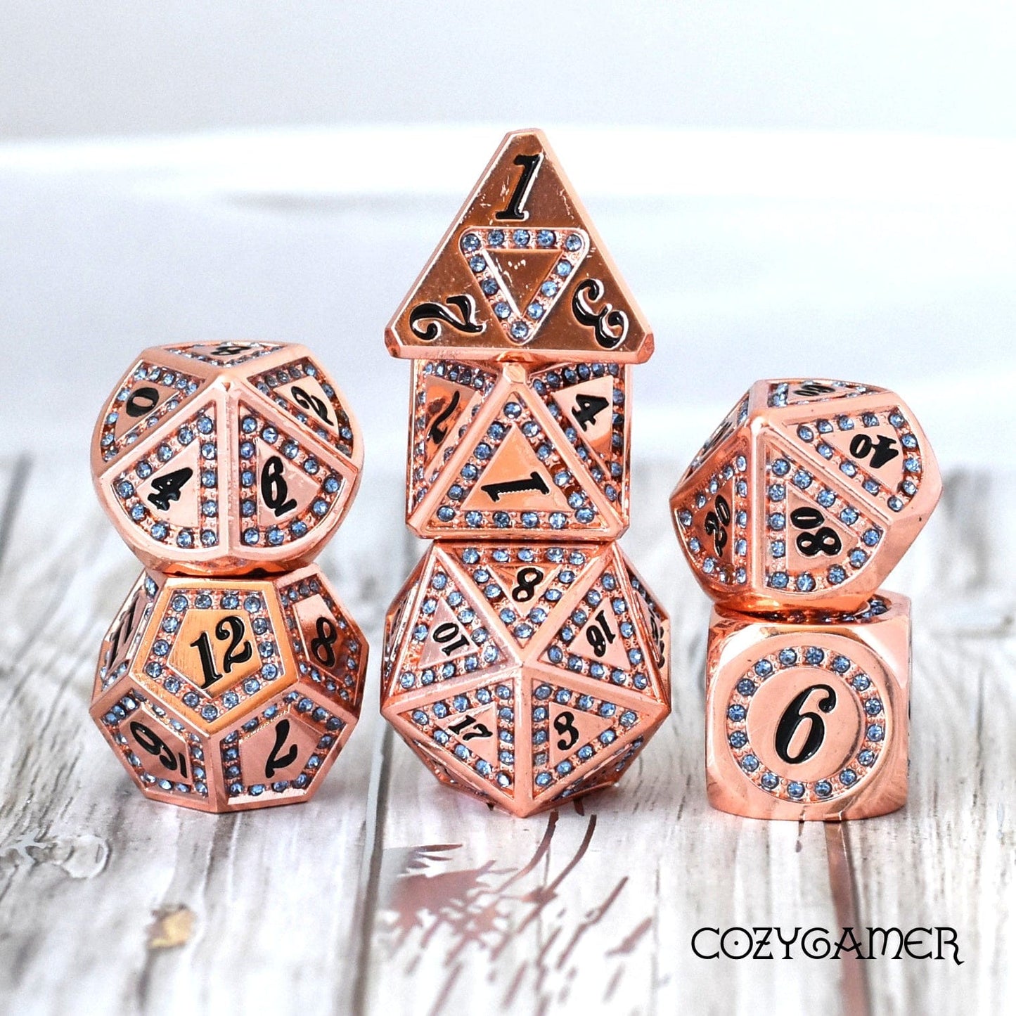 Blue Rhinestone Copper Metal Dice Set