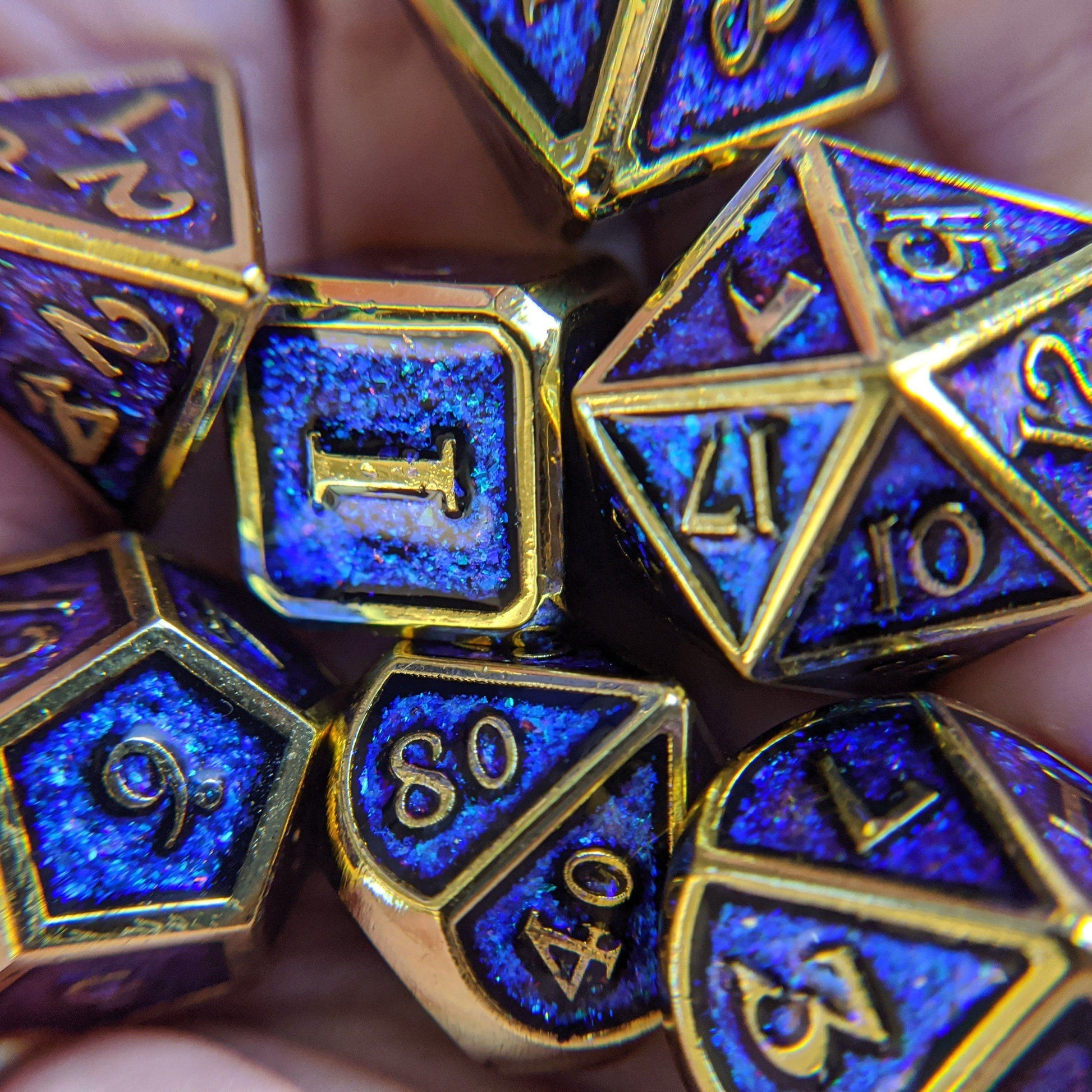 Blue Shifting Glitter Metal Dice Set with Gold Trim - CozyGamer
