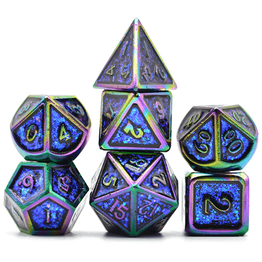 Blue Shifting Rainbow Metal Dice Set – 7 - Piece Purple Glitter DnD Dice - Fennek and Finch