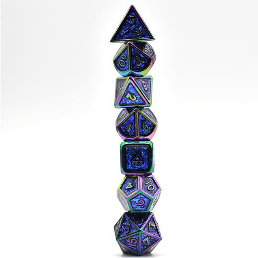 Blue Shifting Rainbow Metal Dice Set – 7 - Piece Purple Glitter DnD Dice - Fennek and Finch